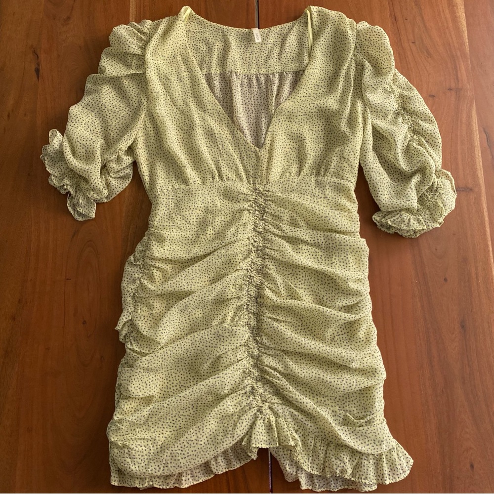 Sage Mini Dress Womens Light Green Polka Dot Ruched Ruffle Pastel Summer Size M